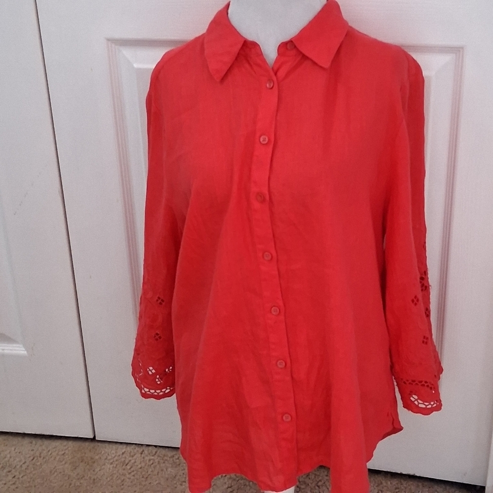 Chico's  Coral Linen Button-Down Shirt With Laser Cut Sleeves    Size 3